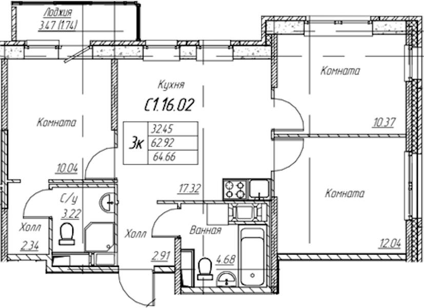 3-комнатная квартира 64.66 м², 16/22 эт., ЖК «Парк-квартал Юнтолово»